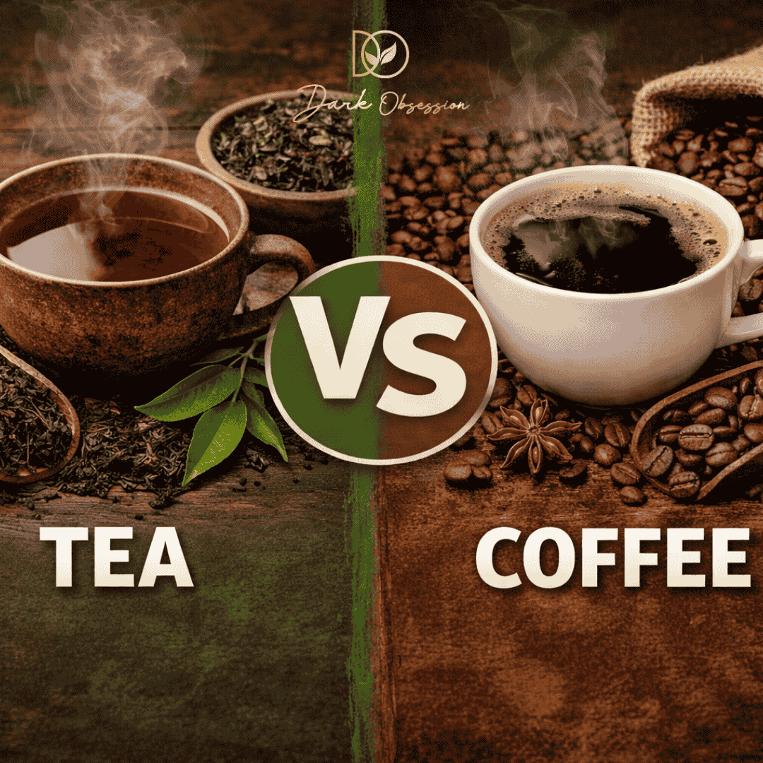 Tea vs Coffee comparison showing tea leaves and coffee beans highlighting caffeine content and health benefits